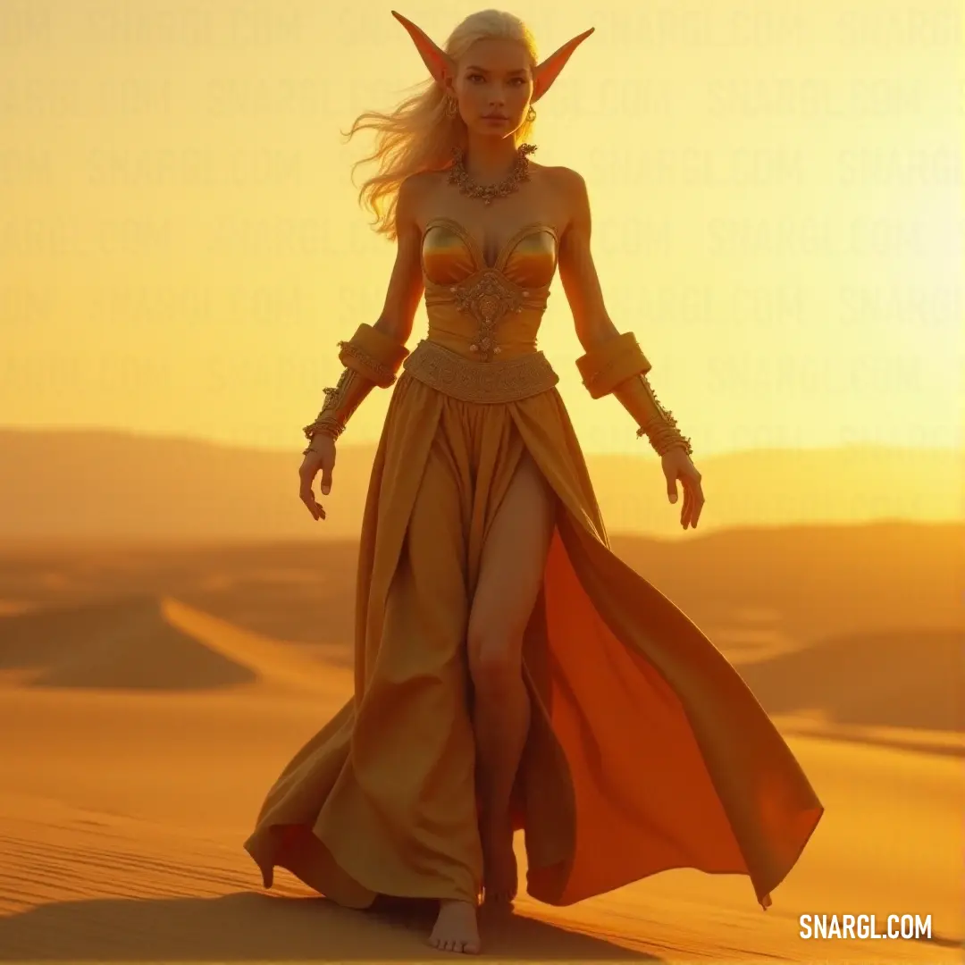 A desert figure adorned with horns and wings, standing as an otherworldly being under the sun’s harsh light. A striking figure stands in the desert, dressed in a flowing, ethereal gown. Horns rise from their head and wings extend from their arms, creating an otherworldly appearance as the golden desert stretches out behind them.