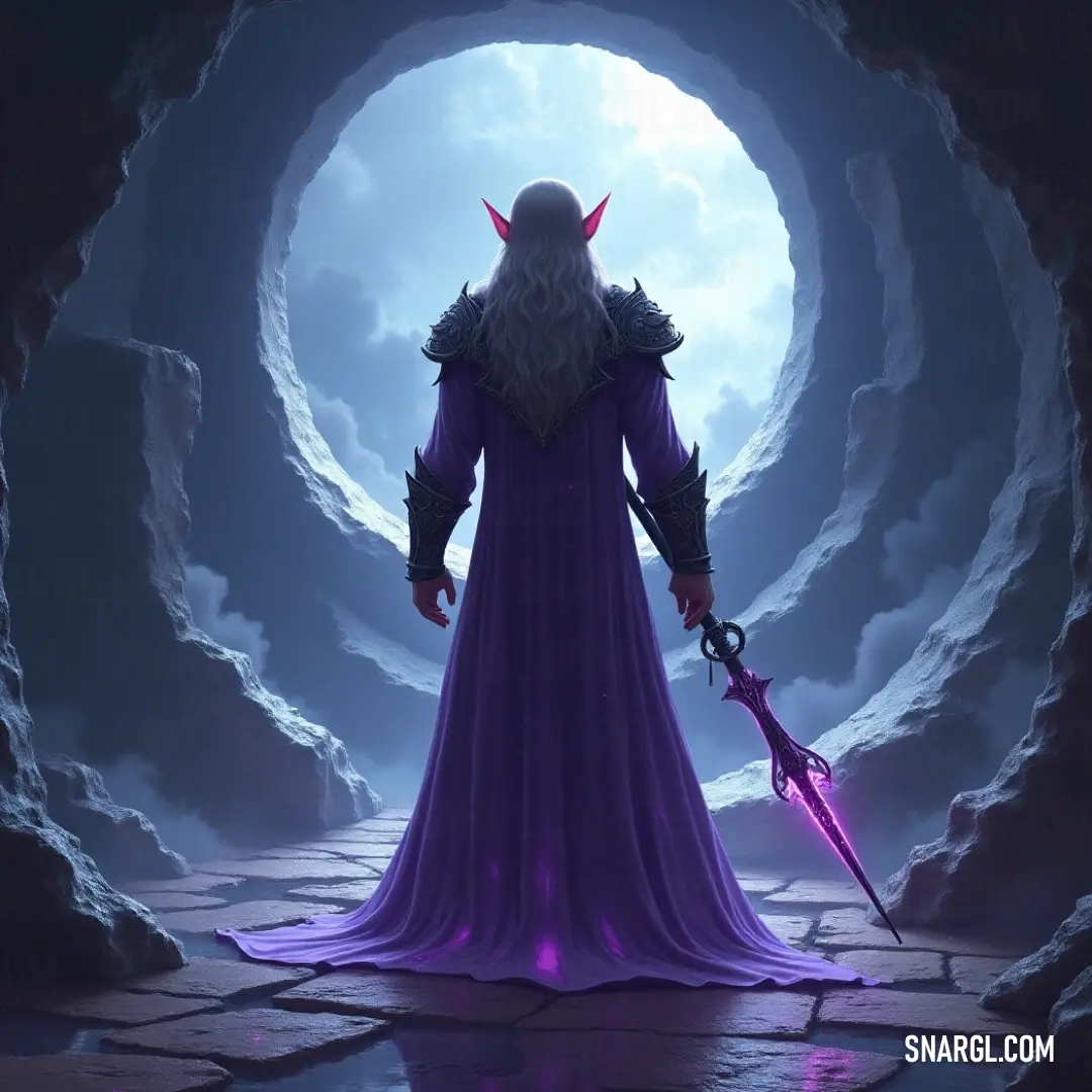 A heroic figure wearing a vibrant purple dress, confidently wielding two gleaming swords. This enchanting setting features a mysterious cave illuminated by the soft glow of a striking moon, casting shadows that dance across the rocky walls.
