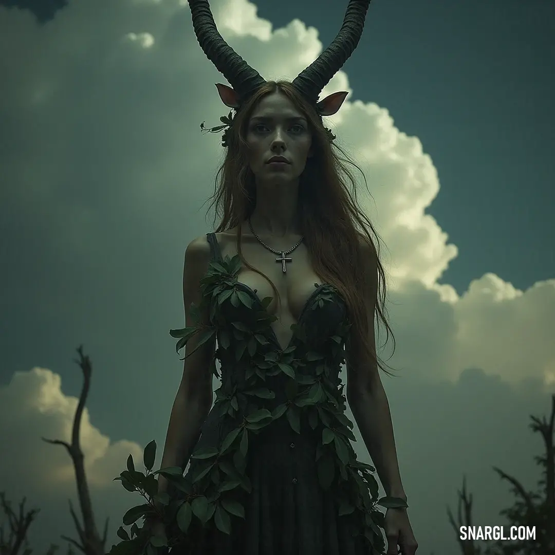 A horned figure adorned in a dress fashioned from leaves stands powerfully against a backdrop of a tumultuous sky, a stark symbol of resilience and harmony with nature's forces.