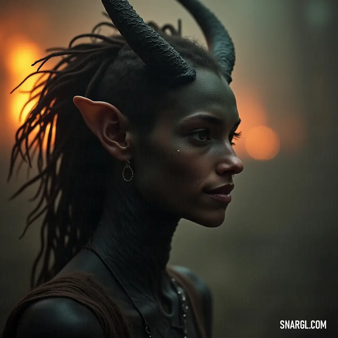 Amythaon with Horns and Decorated Beauty Amythaon, decorated with intricate piercings and a striking necklace, showcases her fierce beauty, a symbol of strength and individuality that blends harmoniously with her bold features and magnificent horns.