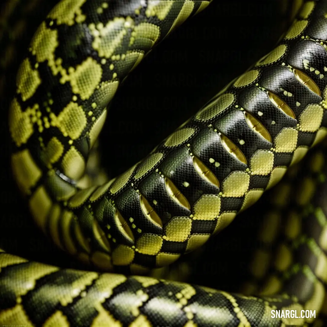 Close up of a snake's head and neck with a black background and yellow