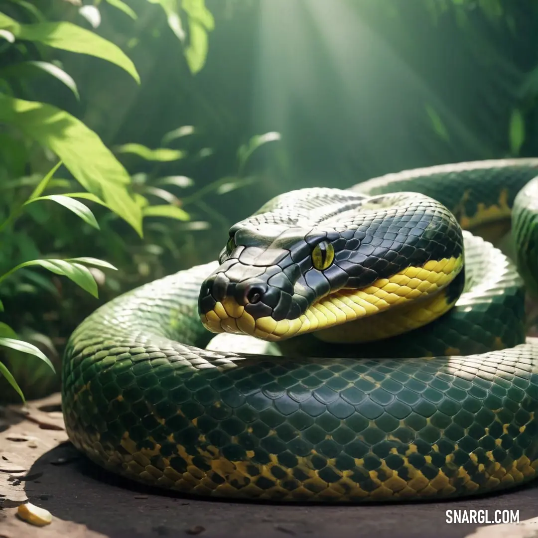 Green snake with a yellow stripe around its neck and head