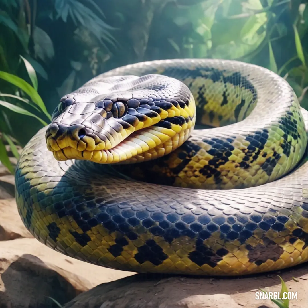 Large snake is curled up on a rock in the jungles of a zoo or zoo