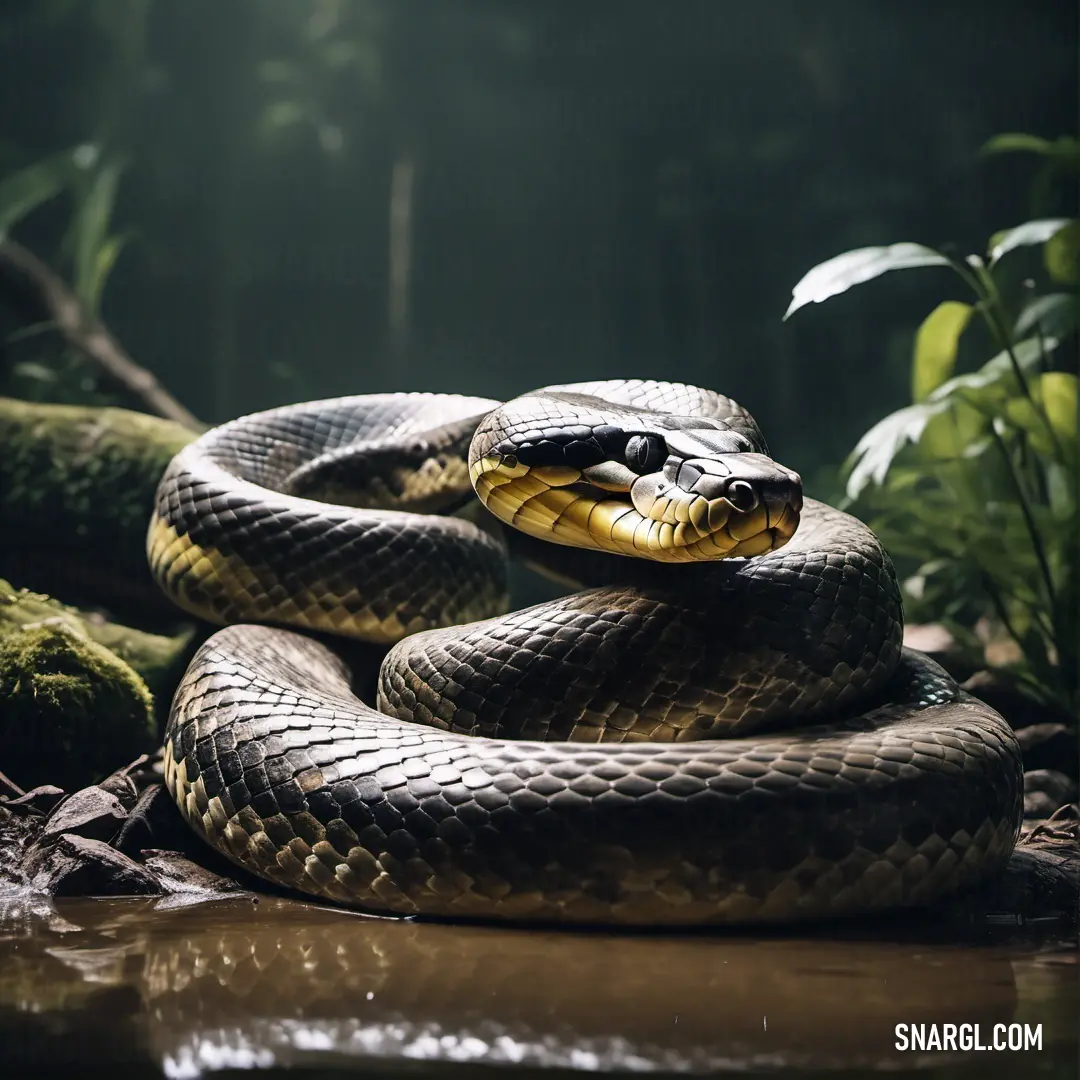 Snake is curled up on a rock in a forest setting with a tree branch in the background