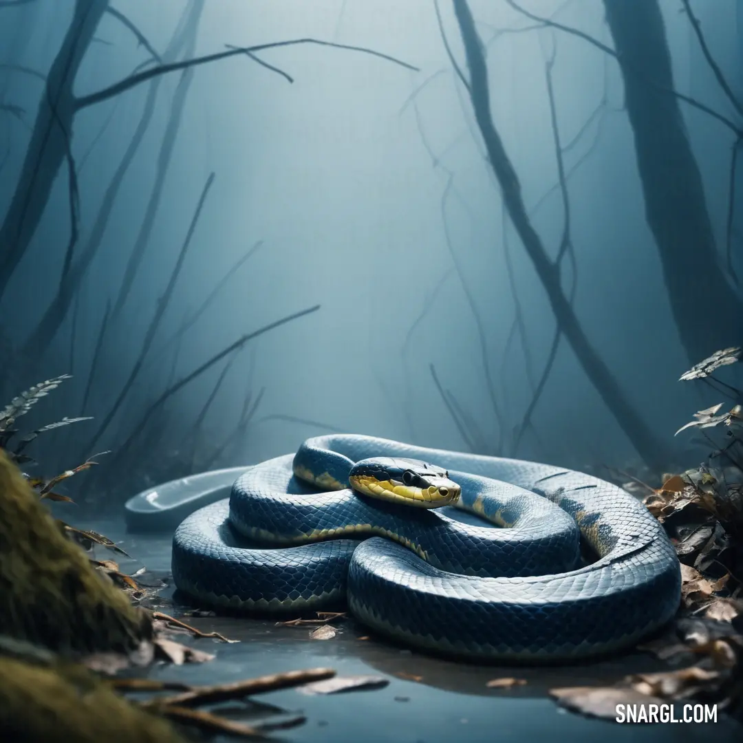 Snake is curled up in the middle of a forest with trees in the background