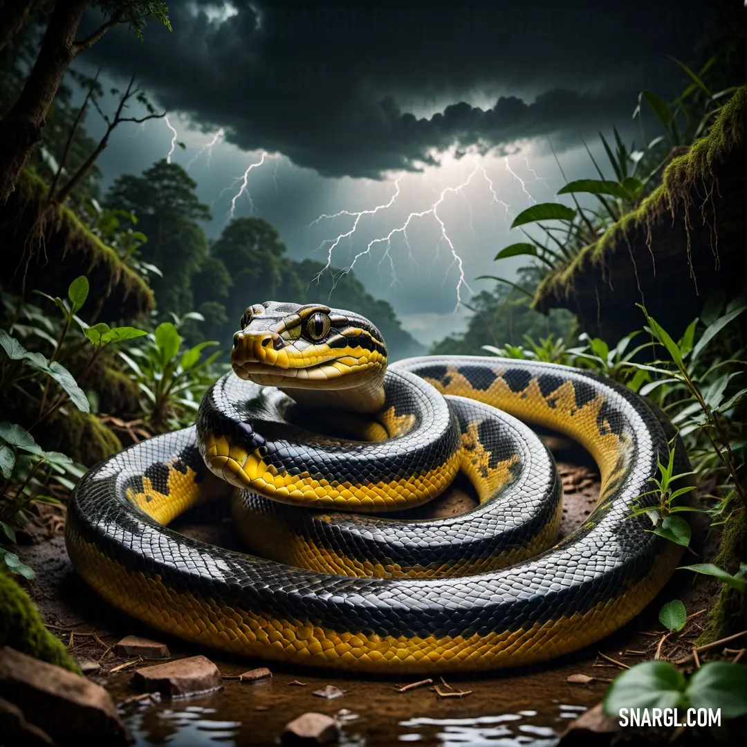 Snake is curled up in the middle of a jungle with lightning in the background
