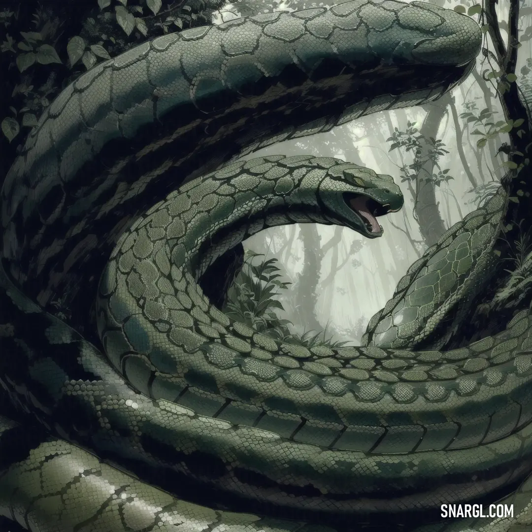 Snake is curled up in a forest with trees in the background and a man standing in the middle of the picture
