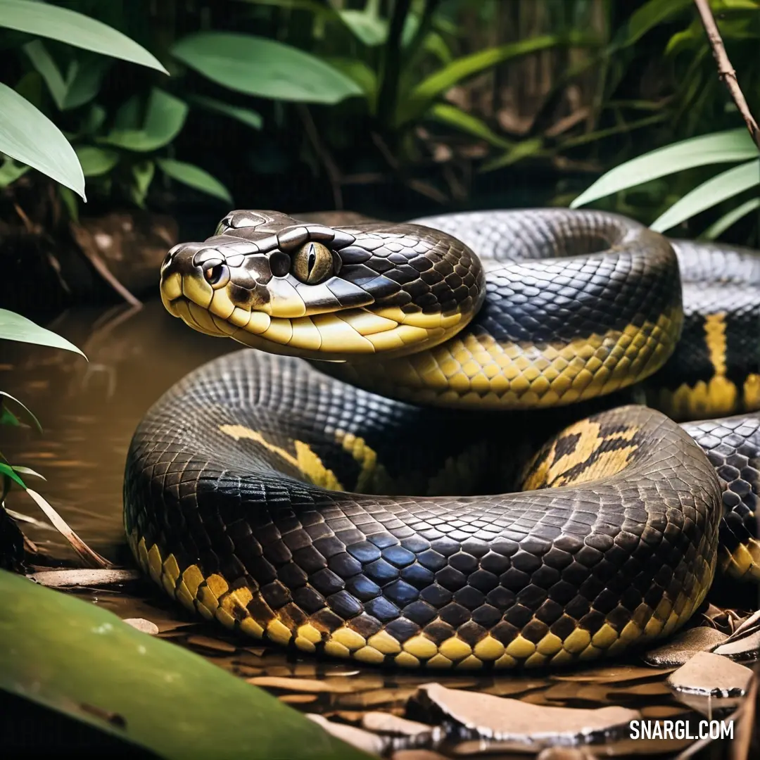 Snake is laying on the ground in the jungle, with its head above the ground