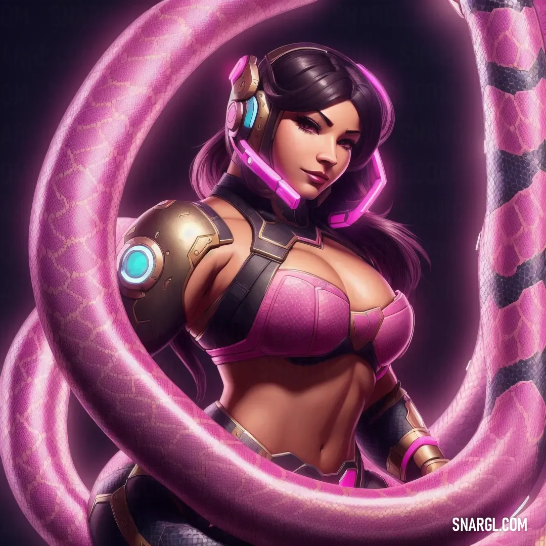 Woman in a pink outfit holding a pink snake in her hand and a purple snake around her neck