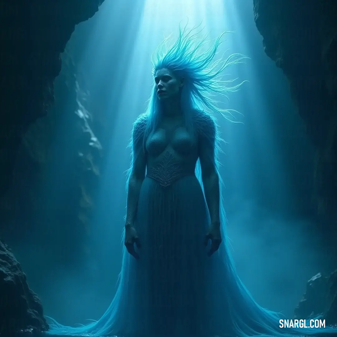 Anahita, adorned in a flowing azure gown, emanates serenity as she stands within a shimmering cave, light cascading from above, enveloping her in an ethereal embrace of beauty and calm. Anahita, radiant in a flowing blue dress, stands gracefully in a mystical cave where sunlight filters through, illuminating her hair in a divine halo, casting an ethereal glow over the tranquil surroundings.