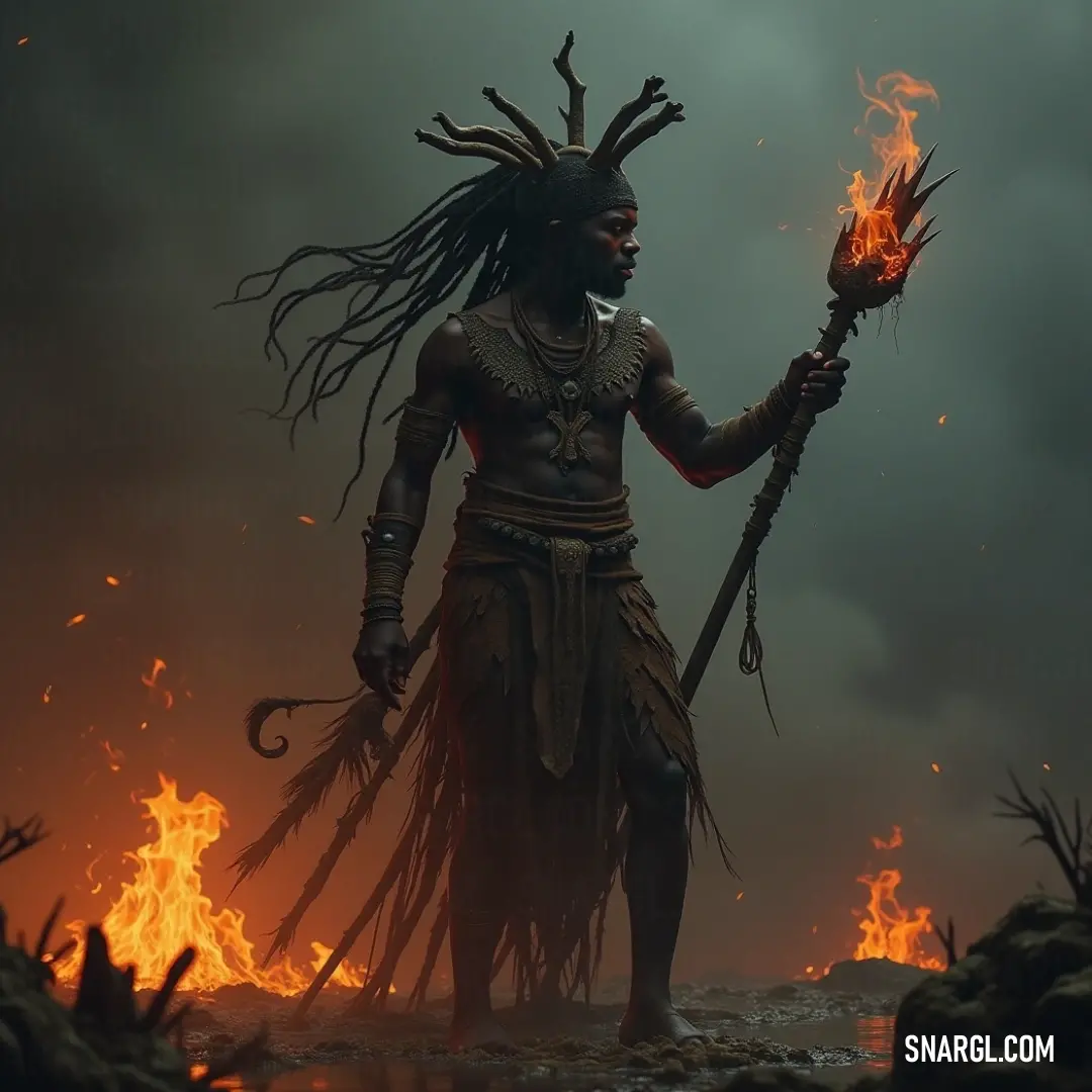 Anansi in a fire costume, holding a glowing fire stick, surrounded by flames. A mythical figure with dreadlocks, Anansi, stands in a fiery costume with vivid flames licking his body. He grips a glowing fire stick, embodying both power and mysticism as he poses with intensity against a backdrop of swirling fire.