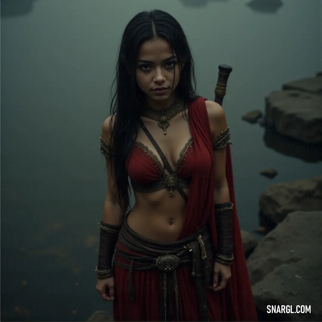 A woman in a red outfit and flowing cape stands beside a calm body of water, her sword drawn and ready, the sunset casting a warm glow over the scene. A woman in a red outfit stands by the edge of a serene body of water, holding a sword in one hand, a vibrant red cape billowing behind her as the sun sets in the distance.