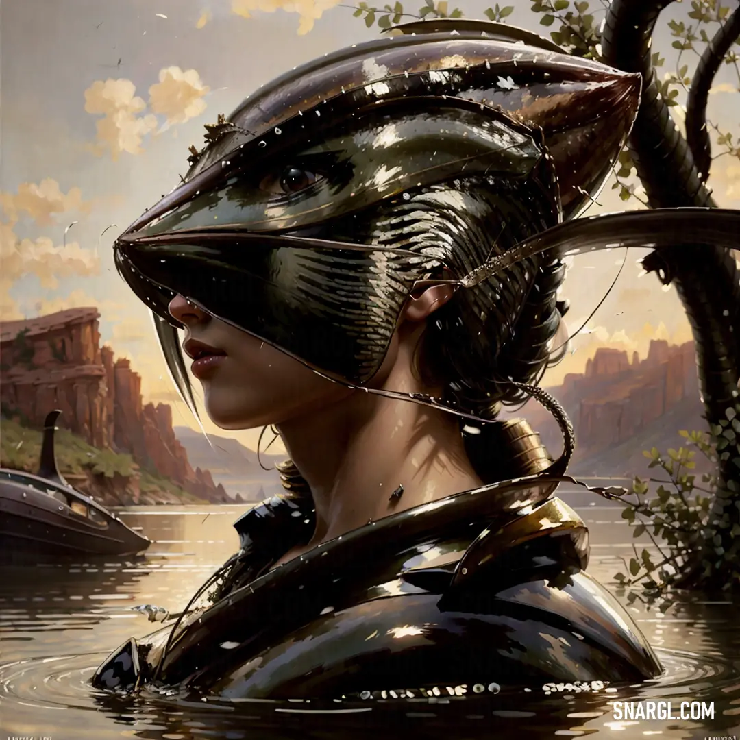 Woman in a futuristic helmet floating in a river with a boat in the background