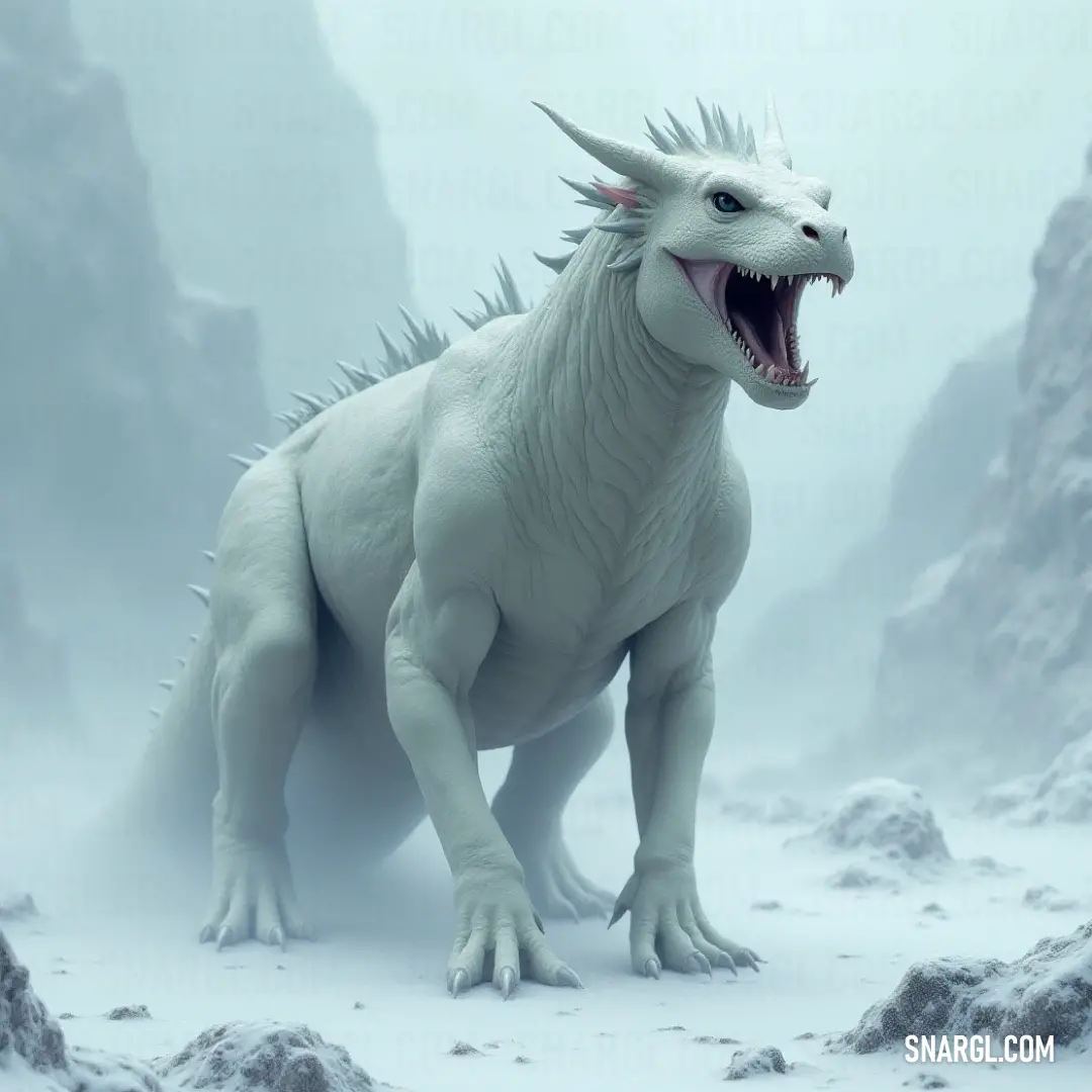 A formidable white ancient basilisk gazes from a snowy landscape, showcasing its sharp teeth, surrounded by rugged rocks and serene snow-covered mountains, an icon of nature's majesty. An imposing white ancient basilisk, with sharply defined teeth, stands majestically in a snowy landscape, framed by rocks and snow-dusted mountains that enhance its grandeur.