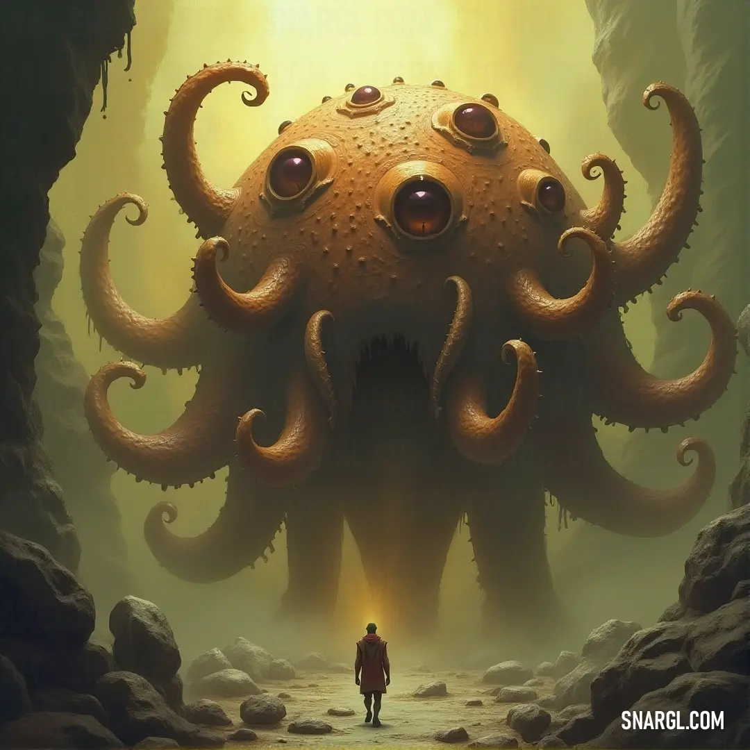 The ancient Beholder stands tall in a cave, its glowing eyes watching intently as it faces an octopus-like creature, creating a scene filled with eerie tension. An ancient Beholder stands in front of an octopus-like creature inside a cave, its many eyes glowing with an intense and mysterious light. The ominous presence of both beings fills the scene with tension and intrigue.