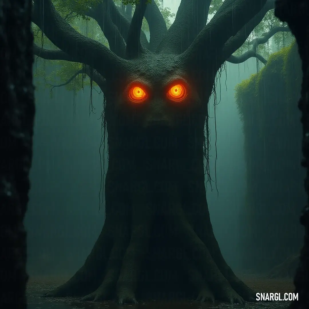 A haunting tree with red eyes in a foggy forest, shrouded in rain, embodying the essence of midnight fears. A spooky, gnarled tree with piercing red eyes stands in a foggy forest at night, rain trickling down its moss-covered trunk, casting an eerie atmosphere that whispers secrets of the darkness and beckons the brave to uncover its mysteries.