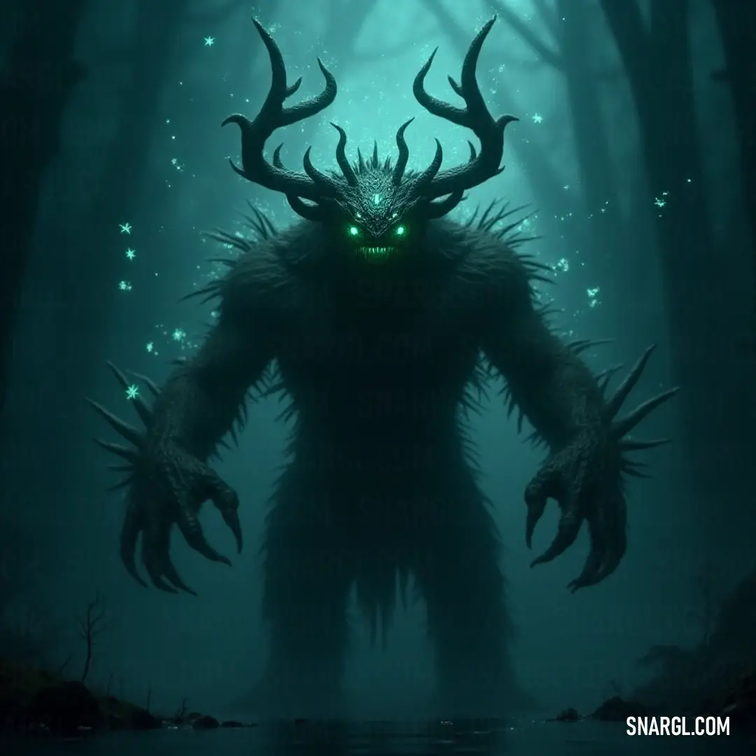 Ancient Forest King with glowing eyes reigning over his domain The ancient Forest King stands proud, his glowing eyes and majestic horns illuminating the tranquil forest, with trees and a shimmering water backdrop that reflect an aura of timeless wisdom and authority.
