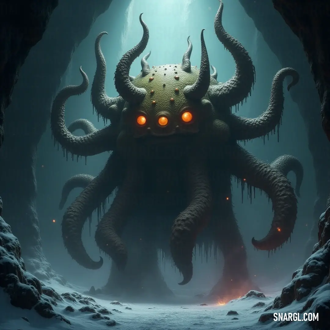 Witness the Giant Ancient Gazer, glowing fiercely in a snow-covered cave, as its radiant eyes illuminate the frigid surroundings, bringing a haunting beauty to this frozen world. A Giant Ancient Gazer emerges from a snow-dusted cave, its eyes glowing with a fierce light, casting an otherworldly glow upon the icy ground, merging the elements of beauty and danger in a chilling landscape.