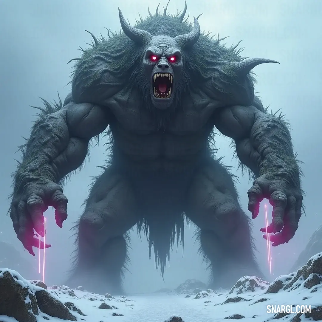 A colossal Giant Ancient Golem, embodying power and ancient mystery amidst a magical snowy landscape. A colossal Giant Ancient Golem, with fierce red eyes and an enormous mouth, stands resolutely in a snowy landscape bathed in glowing light, exuding both power and an aura of ancient mystery.