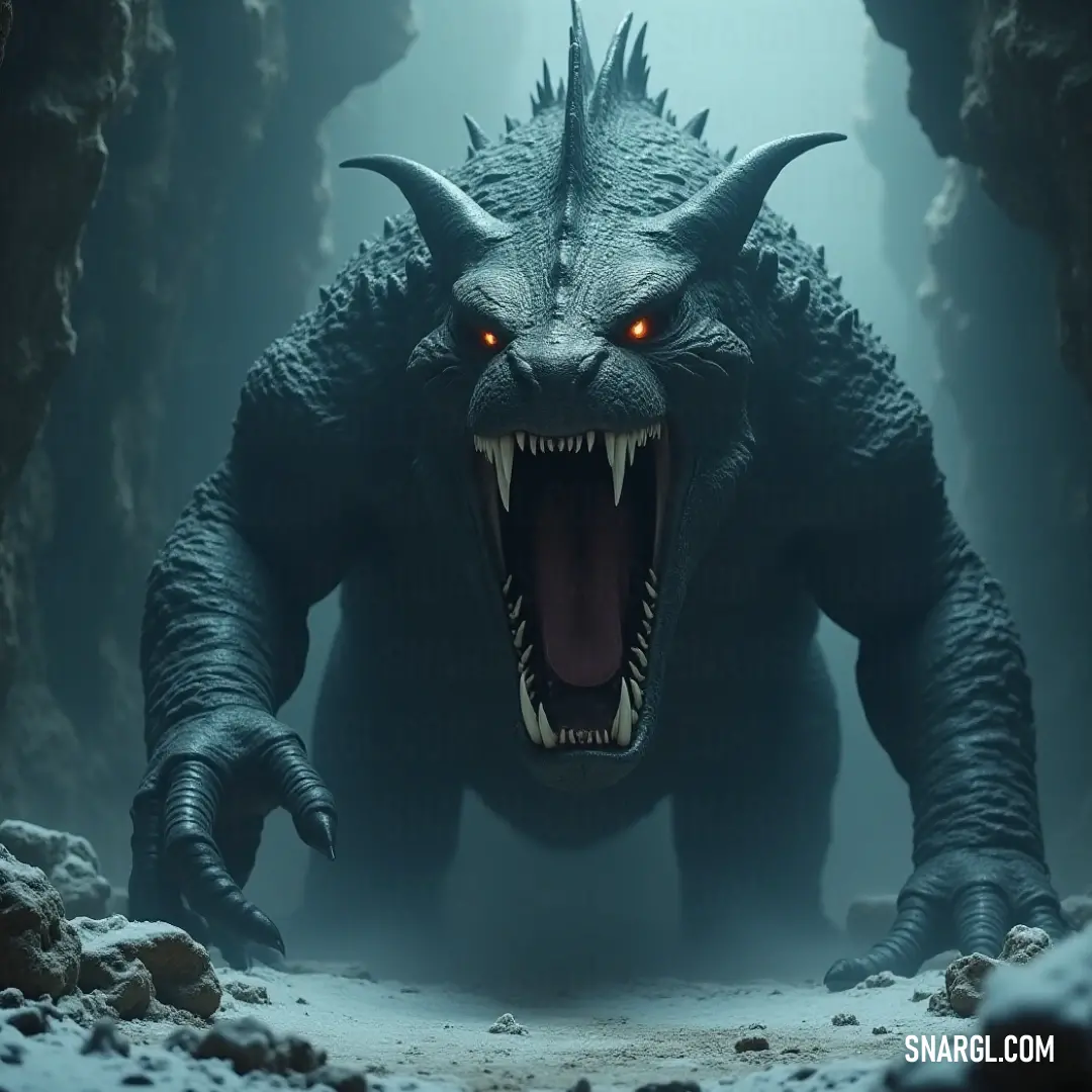A ferocious Godzilla unleashes its roar in a rocky cave, with intense red eyes glowing amidst the shadowy waters, creating an atmosphere of power and suspense. A colossal Godzilla roars with its mouth wide open, showcasing its fierce glowing red eyes, surrounded by jagged rocks and shimmering water in a mysterious cave setting that echoes its powerful presence.