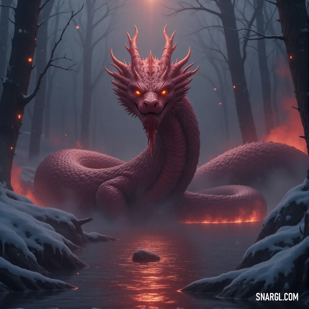 A striking red serpent with a sleek, ancient appearance slithers over the surface of a river, surrounded by a lush forest filled with towering trees and large rocks, creating a sense of wild serenity.