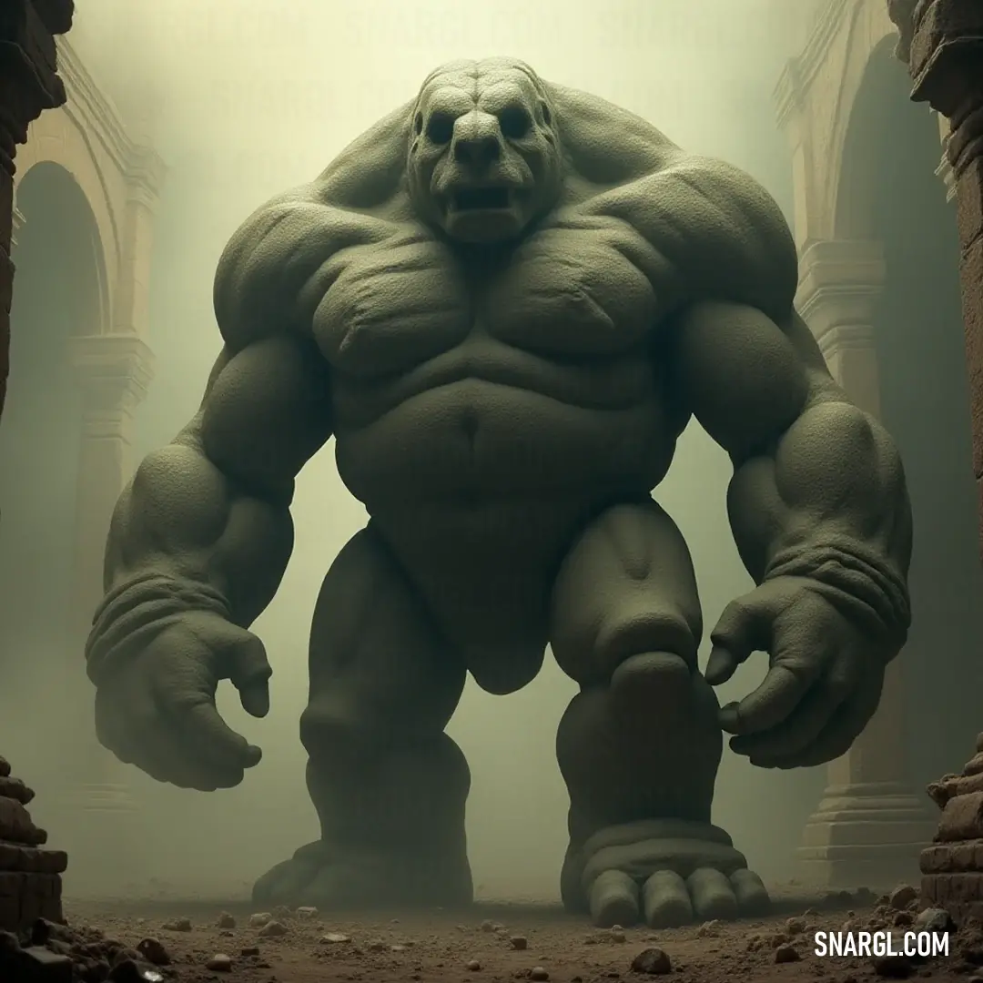 A colossal, muscular Ancient Stone Golem stands vigil in a mysterious doorway, its powerful frame accentuated by a hazy, foggy backdrop that adds an air of mystery and timeless strength, inviting encounters with the unknown.