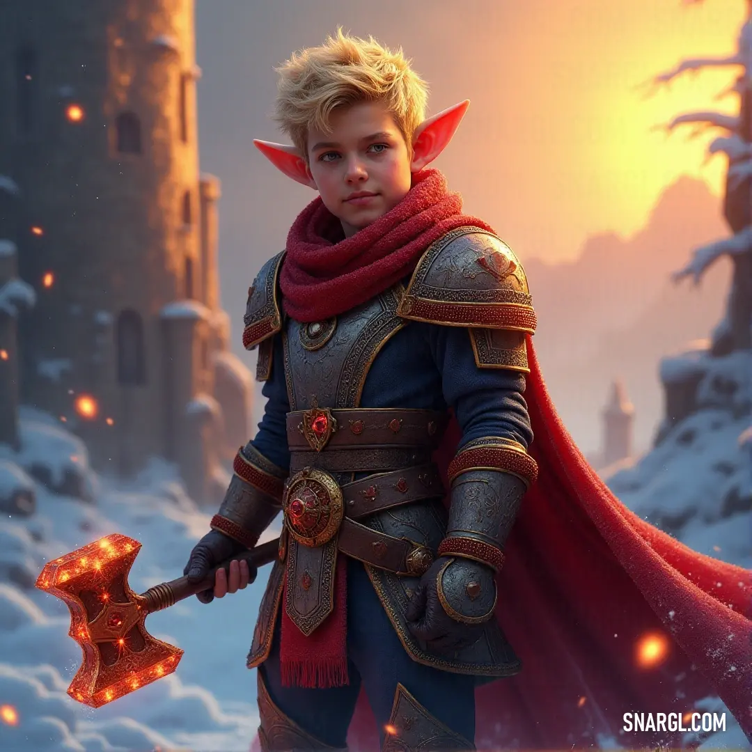 Young Ander Brightring in medieval gear, holding a glowing axe and hammer against a snowy backdrop. Young Ander Brightring, wearing medieval attire, holds a glowing axe in one hand and a hammer in the other. She stands confidently in front of a snowy landscape, her breath visible in the chilly air.