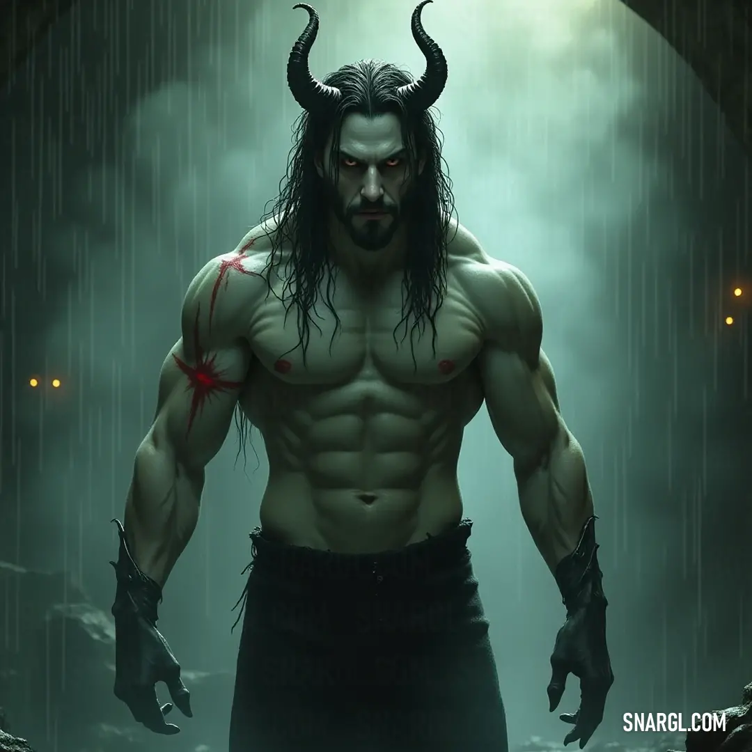 Andras stands resolutely beneath the downpour, his strong form outlined against the rain-soaked landscape, hands on his hips, eyes closed in a moment of serene determination amidst the storm.