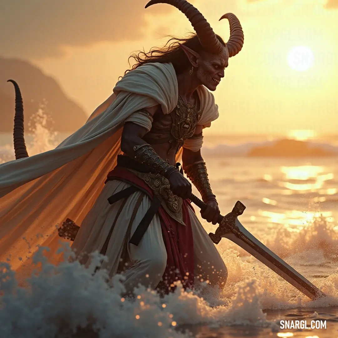 Andrealphus clad in an elaborate costume walks resolutely through shimmering waters, brandishing a sword and wearing a shining helmet, projecting a sense of courage and determination amidst the beauty of nature. Andrealphus strides confidently through the glistening waters, clad in an intricately designed costume, wielding a sword and sporting a gleaming helmet that reflects the sun's rays, embodying bravery and valor in this watery realm.
