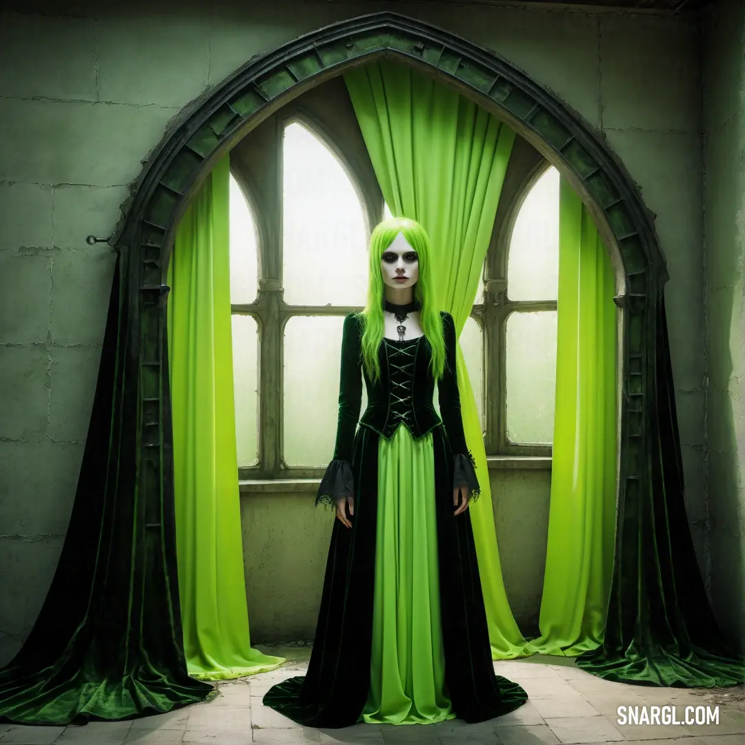 Woman in a green dress standing in front of a window with curtains on it. Color RGB 164,198,57.