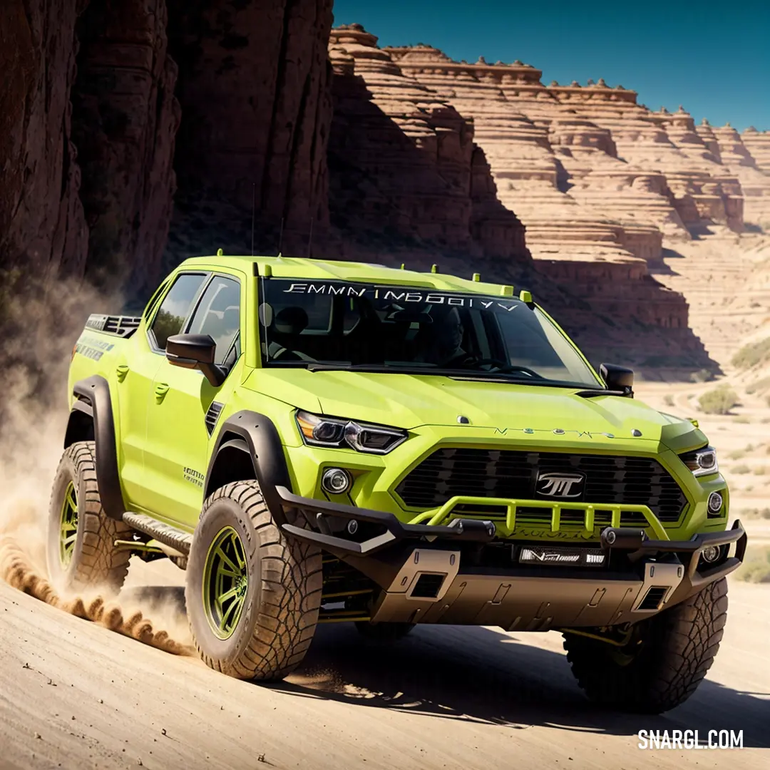 Bright green truck driving through a desert area with rocks in the background
