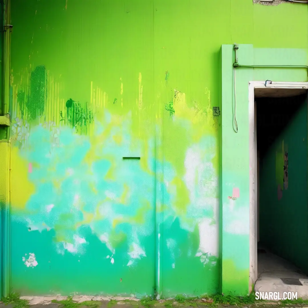 Green door with a blue and yellow paint on it and a green wall