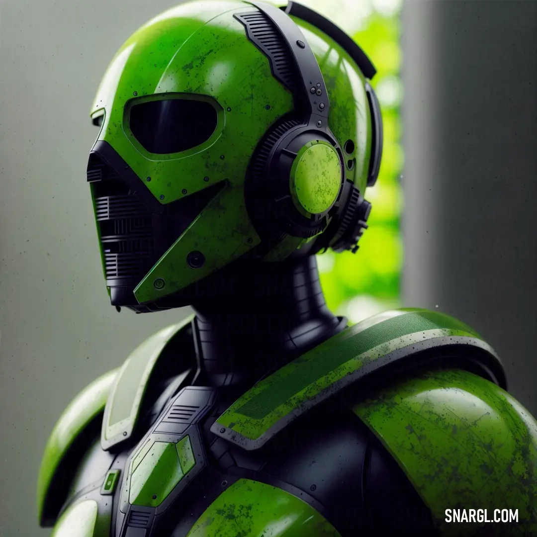 Green robot with headphones on and a green background with trees in the background and a white building