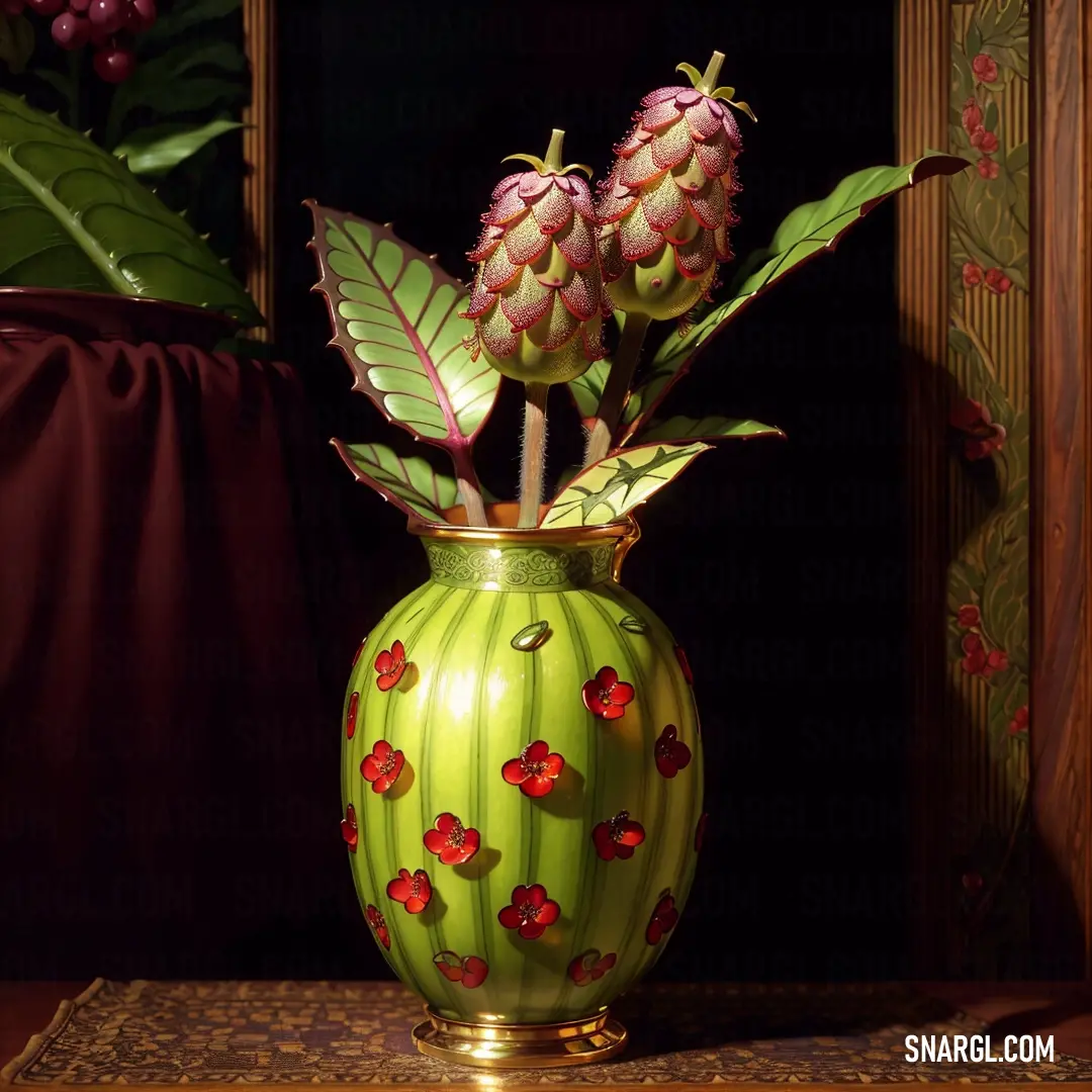 Green vase with flowers in it on a table next to a mirror and a red cloth on the floor