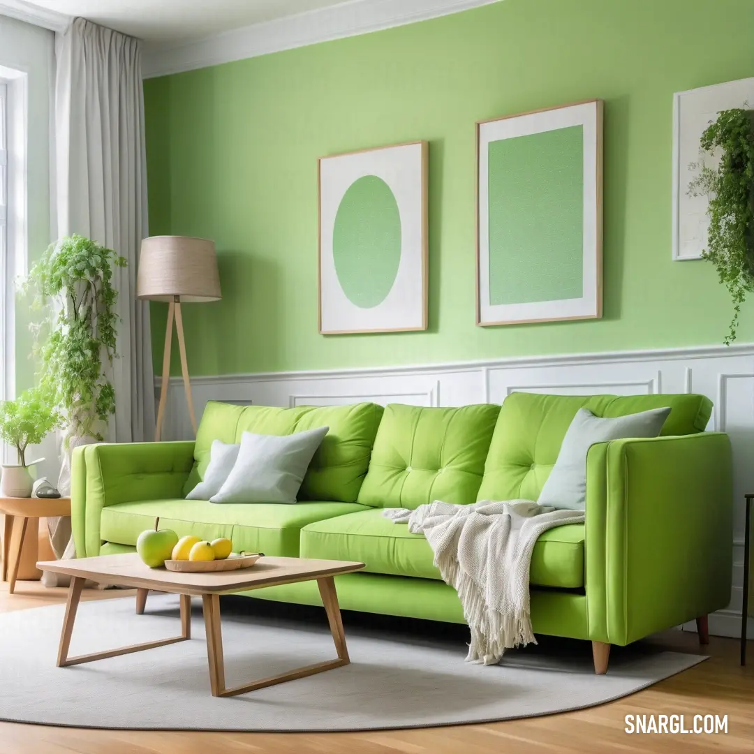 Android Green color. Living room with a green couch and a coffee table in front of a window with a potted plant