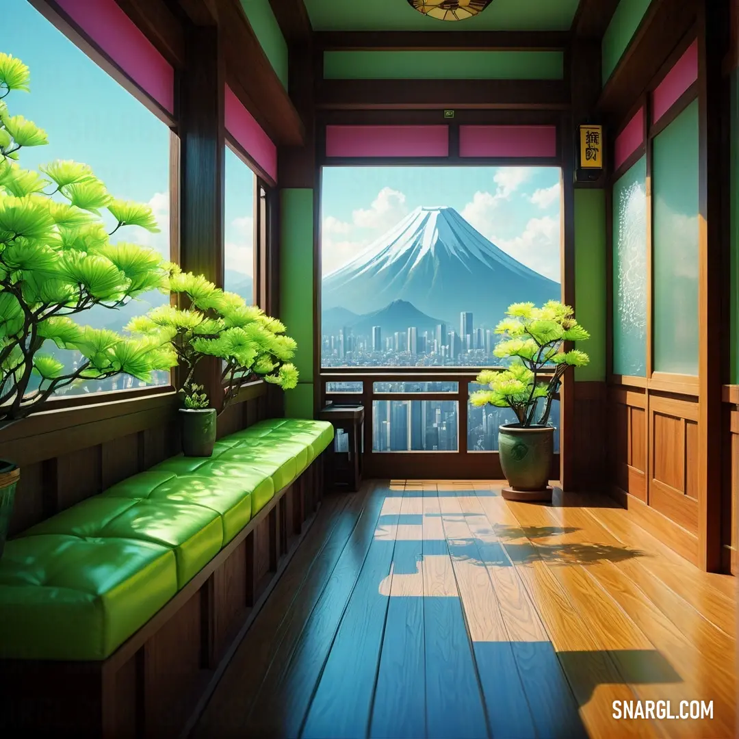 Room with a green couch and a green tree in the window and a mountain in the background. Example of #A4C639 color.