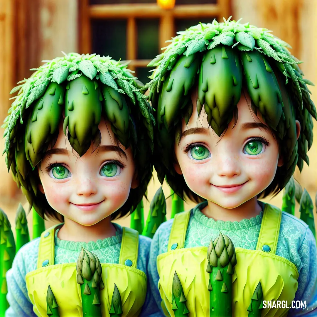 Two little girls with green hair and green eyes are standing next to each other with green leaves on their heads
