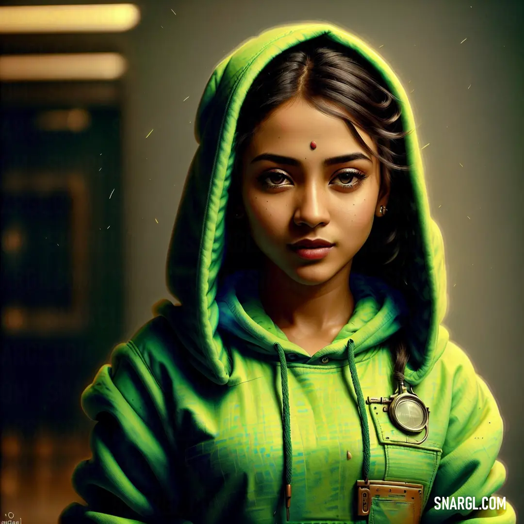 Woman in a green hoodie is staring at the camera with a serious look on her face and shoulders