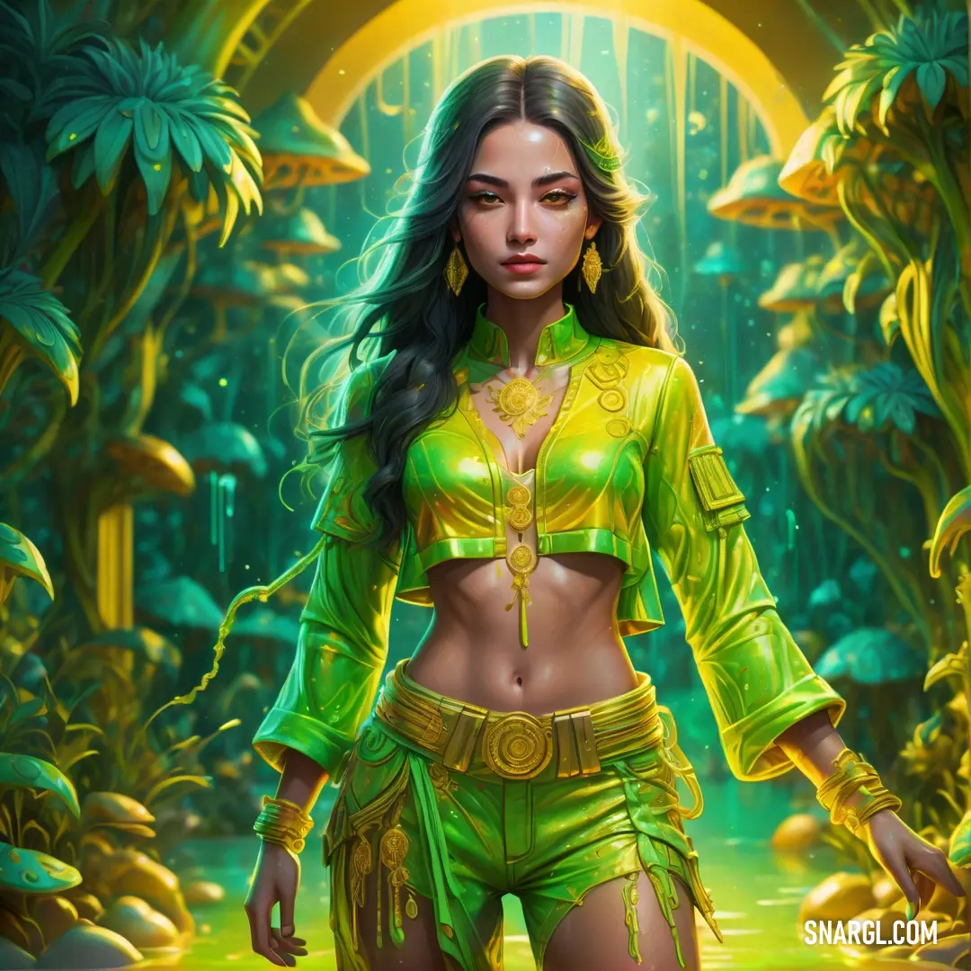 Woman in a green outfit standing in a jungle with a yellow light behind her. Example of Android Green color.