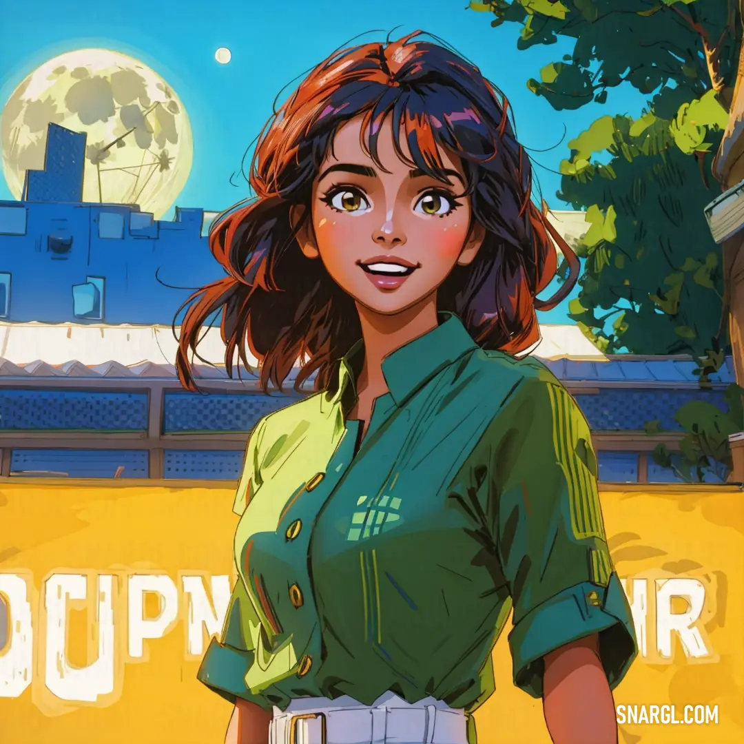 Woman in a green shirt standing in front of a yellow building with a full moon in the background
