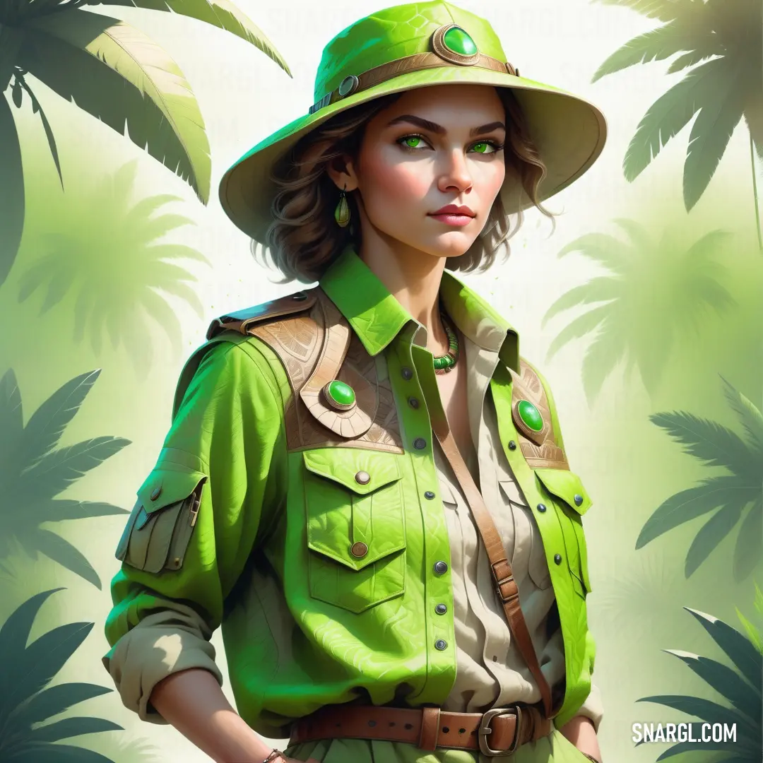 Woman in a green uniform standing in front of a jungle background. Color #A4C639.