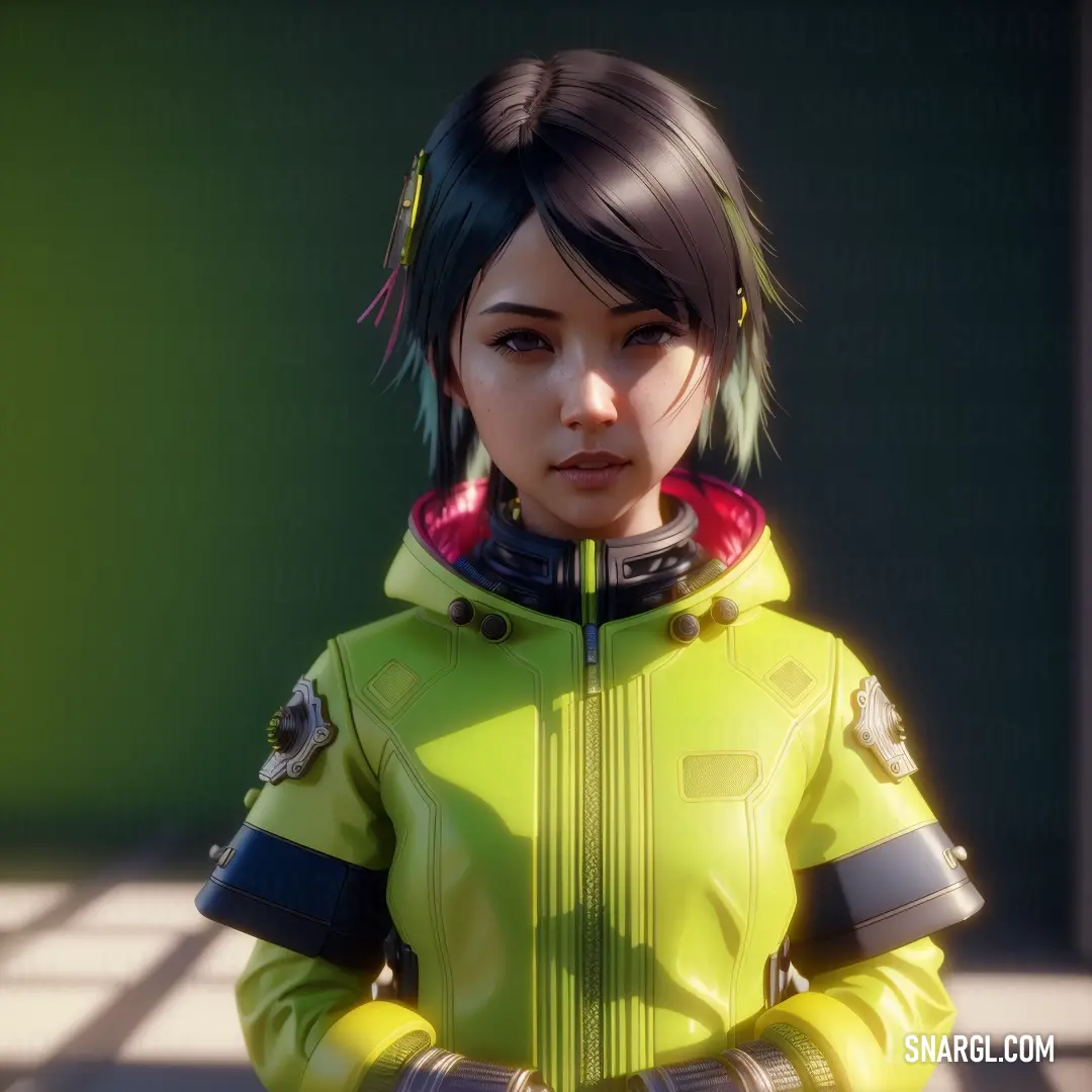 Woman in a yellow jacket and a green jacket with a red collar and a black haircut