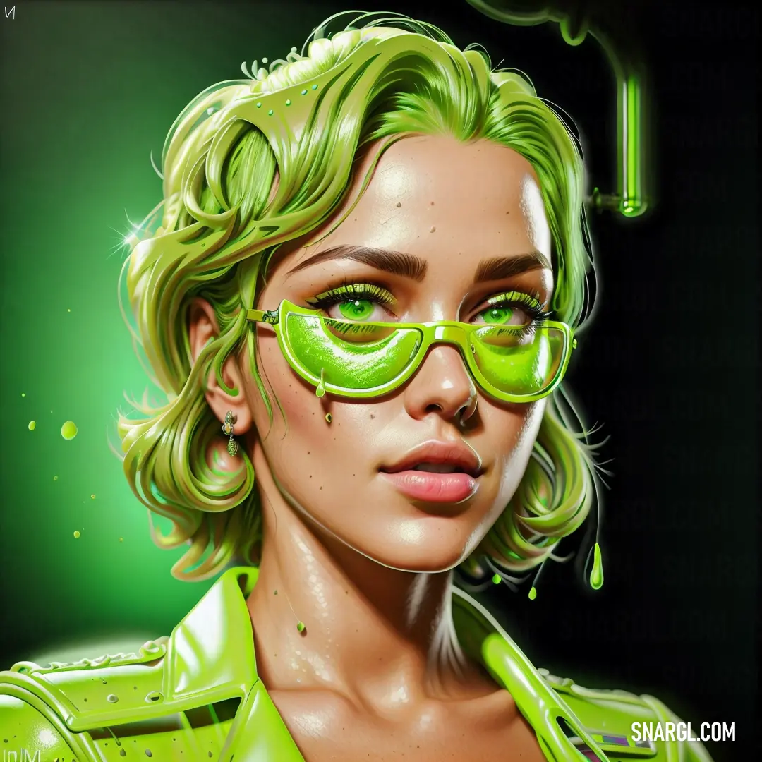 Woman with green glasses and a green jacket on her face. Example of #A4C639 color.