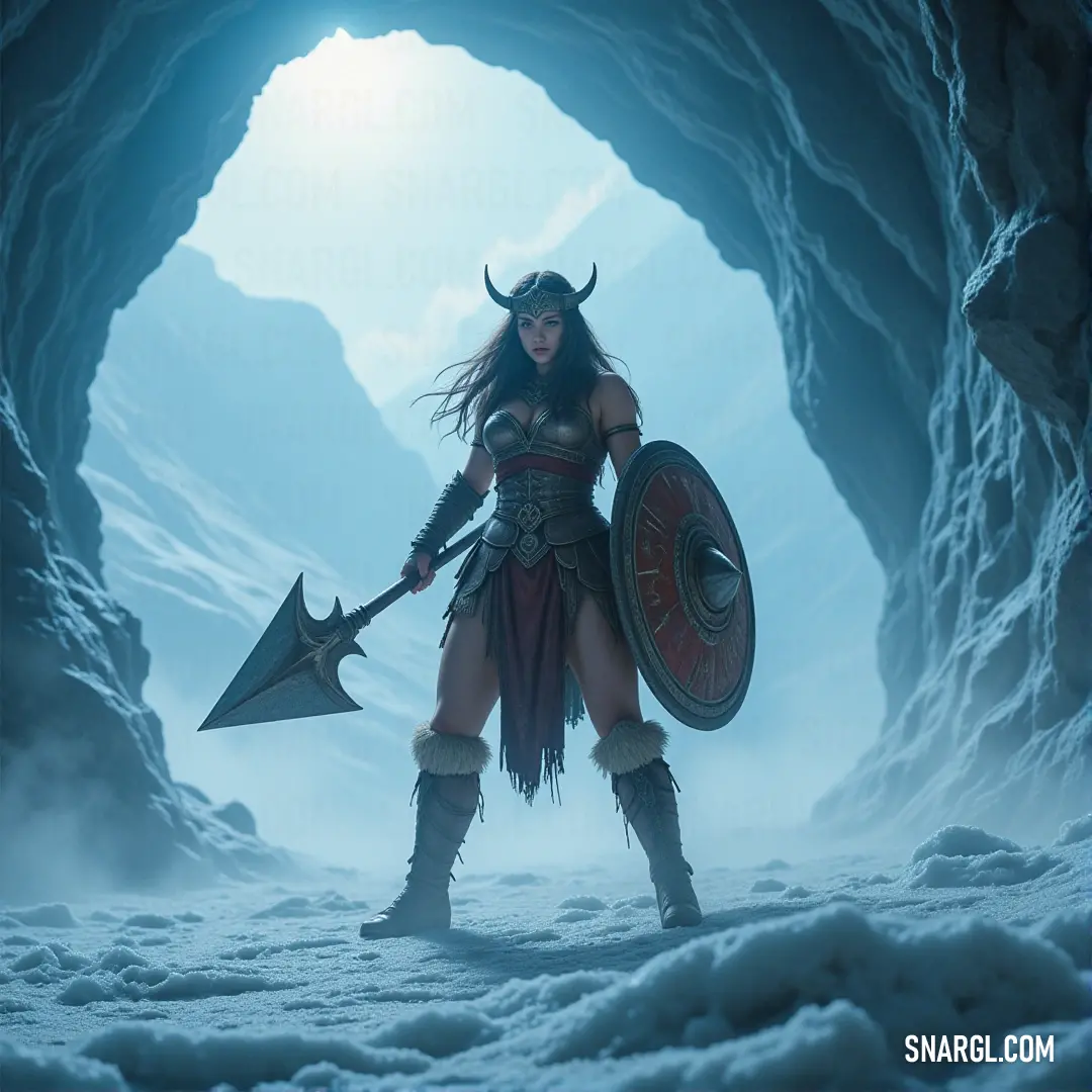 A mysterious woman in a cave holds a sword and shield, her horned face enhancing her fierce presence as she prepares for the unknown. In a cave, a woman stands holding both a shield and a sword, her horns adding an air of mysticism to her presence. The eerie environment, with its shadows and rugged stone, enhances her fierce and powerful appearance as she stands in readiness for whateve