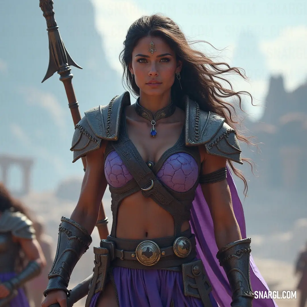 A determined warrior in purple holds her sword, prepared for any challenge in her path, her gaze unwavering and strong. A confident warrior stands with a sword in hand, dressed in a vibrant purple outfit that contrasts against the surroundings. Her stance is firm, ready for whatever challenges lie ahead.