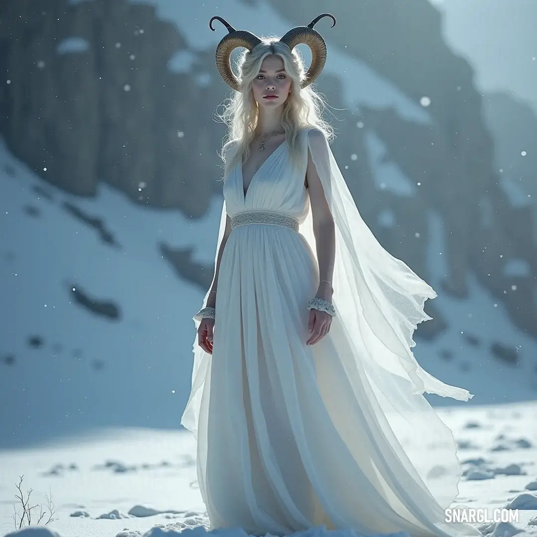 In a flowing white dress, Anesidora's charming elegance and enchanting horns stand out against the verdant forest, radiating tranquility. Anesidora captures attention in a flowing white dress, her elegant horns perfectly complementing her serene beauty, as she stands poised against a backdrop of lush greenery.