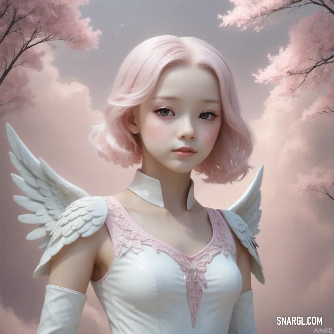 Digital painting of a girl with pink hair and angel wings in a pink sky with pink trees and clouds