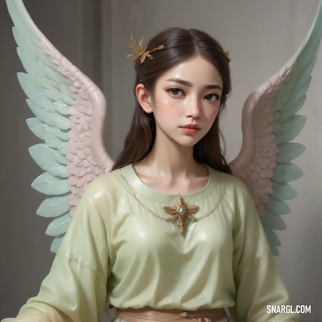 Girl with a cross and wings on her head and a green shirt on her body