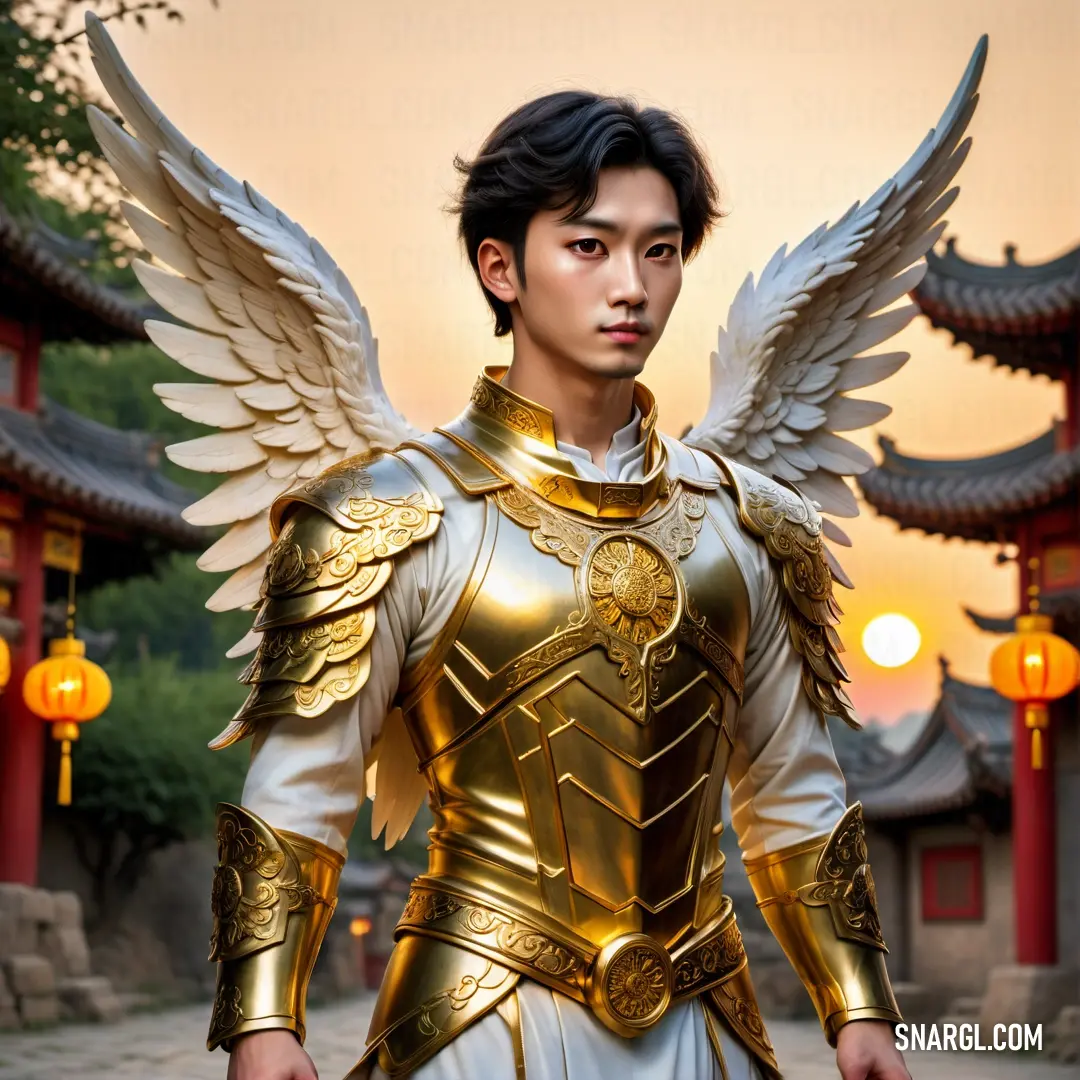 Angel dressed in a golden armor with wings on his chest