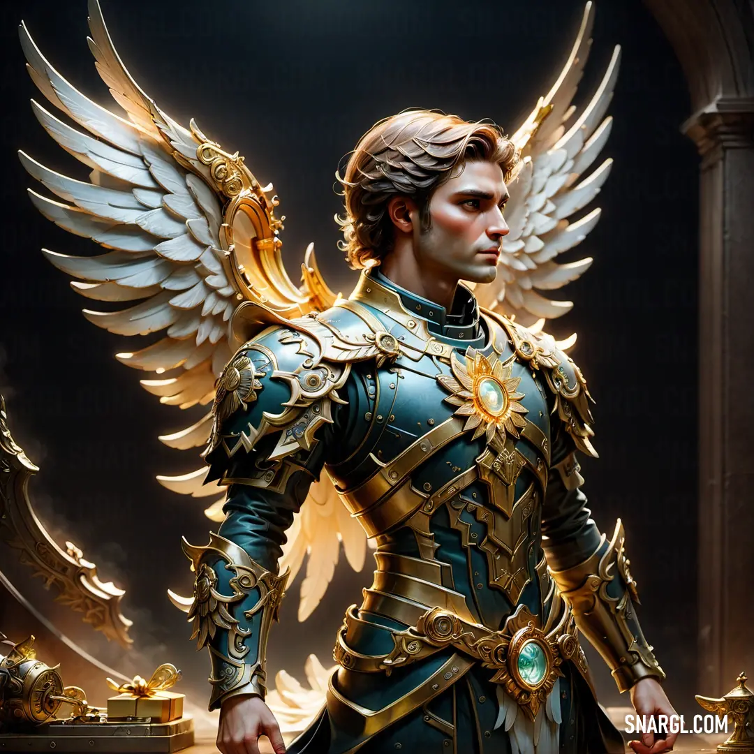 Angel dressed in armor with wings and a halo around his neck and chest